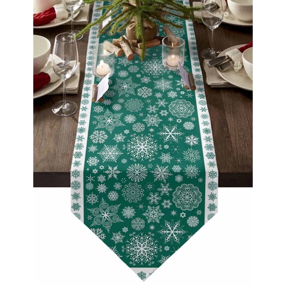 Table Runner Dresser Scarves Merry Christmas Snowflake Pattern Cotton Linen Burlap Table Cover Snow Texture on Green White Table Runners for Family Kitchen Dining Holiday Party Banquet Decor