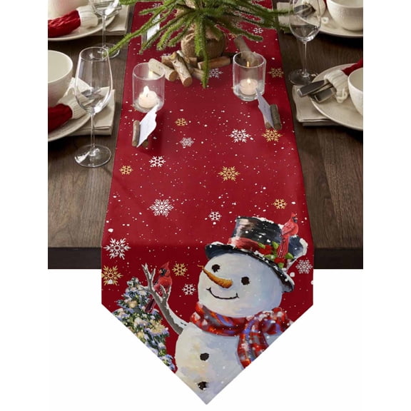 Table Runner Dresser Scarves Merry Christmas Snowman Cardinal Cotton Linen Burlap Table Cover Gold White Snowflake on Red Table Runners for Family Kitchen Dining Holiday Party Banquet Decor