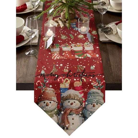 Table Runner Dresser Scarves Merry Christmas Snowman on Red Cotton Linen Burlap Table Cover Winter Snowflake Xmas Sock Table Runners for Family Kitchen Dining Holiday Party Banquet Decor
