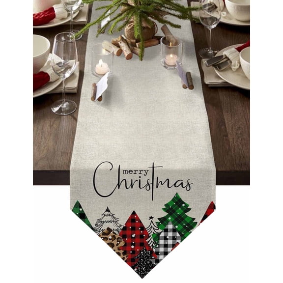 Table Runner Dresser Scarves Merry Christmas Tree Forest on Linen Cotton Linen Burlap Table Cover Lattice Plaid Leopard Texture Table Runners for Family Kitchen Dining Holiday Party Banquet Decor
