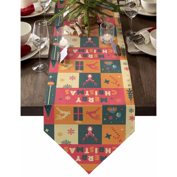 Table Runner Dresser Scarves Merry Christmas Tree Reindeer Cotton Linen Burlap Table Cover Winter Snowflake Lattice Table Runners for Family Kitchen Dining Holiday Party Banquet Decor