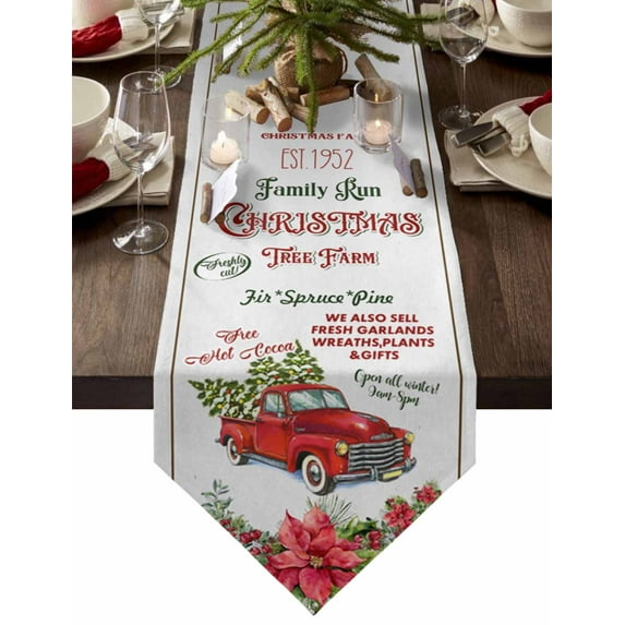 Table Runner Dresser Scarves Rustic Farmhouse Red Truck Xmas Tree Cotton Linen Burlap Table Cover Red Poinsettia on Retro White Table Runners for Family Kitchen Dining Holiday Party Banquet Decor