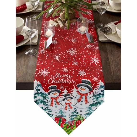 Table Runner Dresser Scarves Snowman Christmas Tree Cotton Linen Burlap Table Cover Winter Snowflake Red Base Table Runners for Family Kitchen Dining Holiday Party Banquet Decor