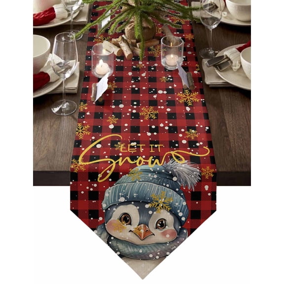 Table Runner Dresser Scarves Winter Christmas Cartoon Penguin Cotton Linen Burlap Table Cover Gold Snowflake on Red Black Buffalo Table Runners for Family Kitchen Dining Holiday Party Banquet Decor