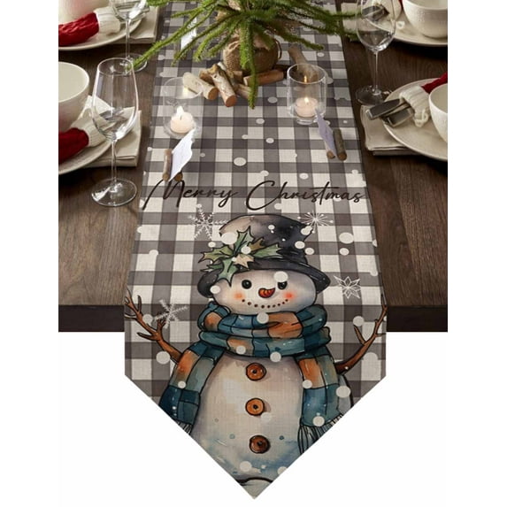 Table Runner Dresser Scarves Winter Christmas Cute Snowman Cotton Linen Burlap Table Cover Snowflake on Black White Grid Table Runners for Family Kitchen Dining Holiday Party Banquet Decor