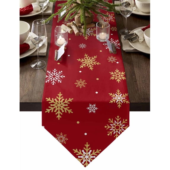 Table Runner Dresser Scarves Winter Christmas Gold White Snowflake Cotton Linen Burlap Table Cover Seamless Snow on Red Table Runners for Family Kitchen Dining Holiday Party Banquet Decor
