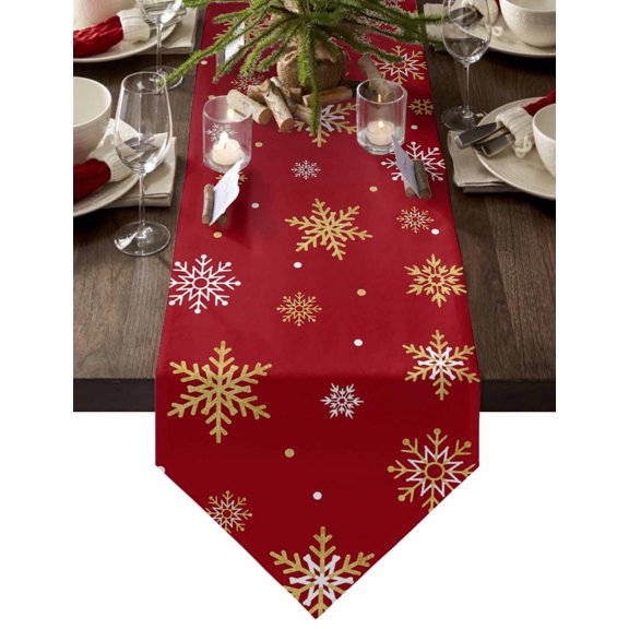 Table Runner Dresser Scarves Winter Christmas Gold White Snowflake Cotton Linen Burlap Table Cover Seamless Snow on Red Table Runners for Family Kitchen Dining Holiday Party Banquet Decor