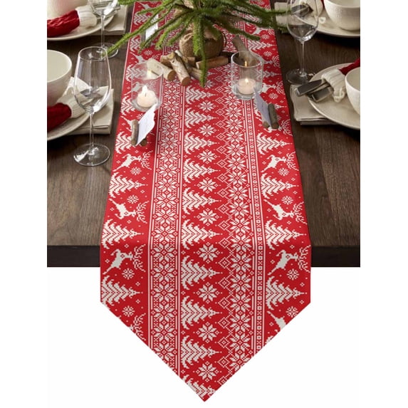 Table Runner Dresser Scarves Winter Christmas Tree Reindeer Floral Cotton Linen Burlap Table Cover Abstract Red Dot on White Table Runners for Family Kitchen Dining Holiday Party Banquet Decor