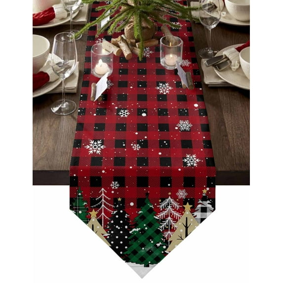 Table Runner Dresser Scarves Winter Christmas Tree Sketch Cotton Linen Burlap Table Cover Snowflake on Black Red Plaid Table Runners for Family Kitchen Dining Holiday Party Banquet Decor