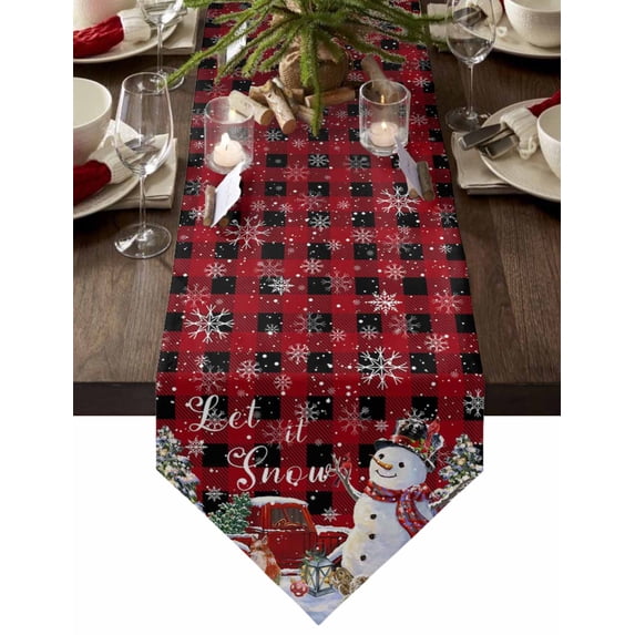 Table Runner Dresser Scarves Winter Christmas Tree Snowman Cotton Linen Burlap Table Cover Snowflake on Black Red Plaid Table Runners for Family Kitchen Dining Holiday Party Banquet Decor