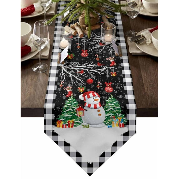 Table Runner Dresser Scarves Winter Snowman Christmas Tree Cotton Linen Burlap Table Cover Snowflake Cardinal Black Lattice Table Runners for Family Kitchen Dining Holiday Party Banquet Decor