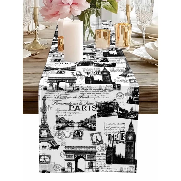 Table Runner Eiffel Tower Table Runners Black France Paris Travel Landscape Cotton Linen Dresser Scarf Kitchen Dining Table Decor for Home Dinner Party Decor 13x36 Inch