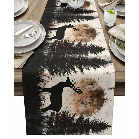 Table Runner Elk Forest Sunset Table Decoration for Kitchen Dinning Retro Silhouette Art Table Decoration for Indoor Outdoor Party Wedding Decor 13x72inch