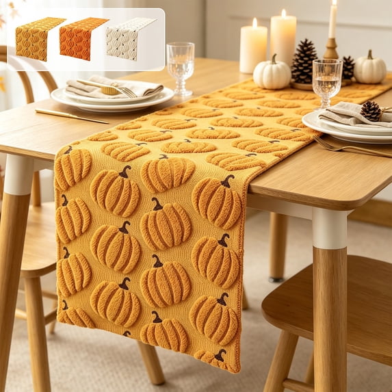 Table Runner,Embroidered Pumpkin Themed Thanksgiving Table Strip with Even Laying Fabric,Stain Resistant Dining Decor for Family Holiday Party Table Setting(Beige,72×13in)