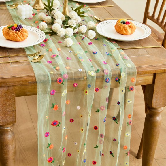 Table Runner Embroidery Daisy Spring Summer Floral Decorations Seasonal Tulle Dining Table Runners for Home Kitchen Decor Easter Wedding Shower Party