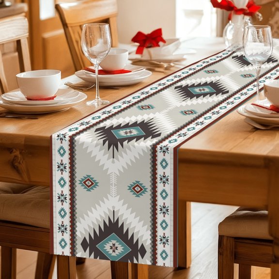 Table Runner Ethnic Tribal Geometric Pattern Dresser Scarves 13x36 Inch,Linen Table Runners Aztec Boho Native Texture Tablerunner for Home Dining Indoor Outdoor Wedding Party Tabletop Decor