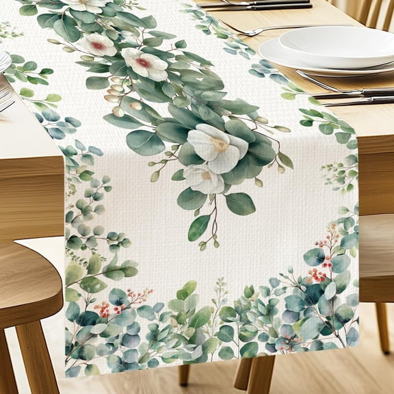 Table Runner Eucalyptus Leaves and Flowers 13"x72" Table Decorations Durable Summer Dining Decor