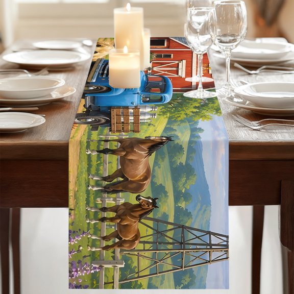 Table Runner Fall Rustic Wood Barn Dresser Scarves 13x90 Inch,Linen Table Runners Farmhouse Countryside Scene Tablerunner for Home Dining Indoor Outdoor Wedding Party Tabletop Decor