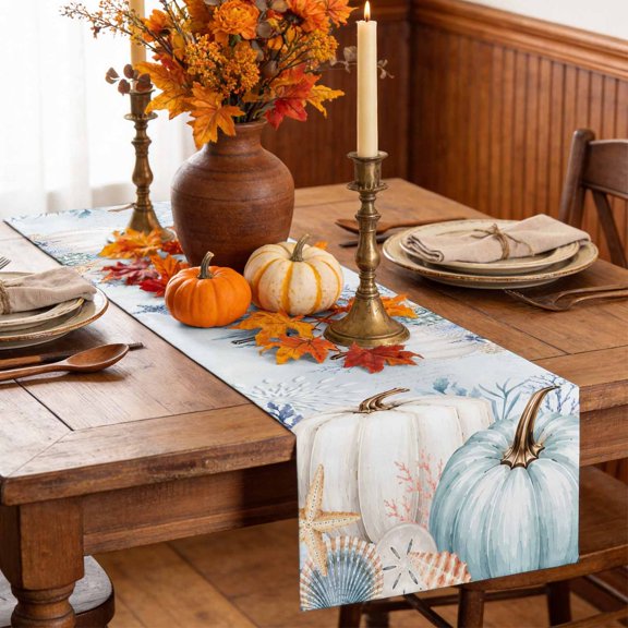 Table Runner Fall Thanksgiving Pumpkin Coral Dresser Scarves 13x36 Inch,Linen Table Runners Ocean Seahorse Anchor Leaves Tablerunner for Home Dining Indoor Outdoor Wedding Party Tabletop Decor