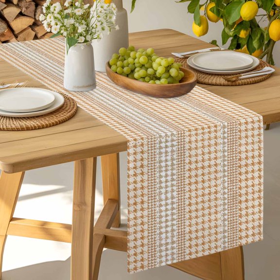 Table Runner Farm Lattice Houndstooth Pattern Dresser Scarves 13x36 Inch,Linen Table Runners Rustic Beige Khaki Plaid Tablerunner for Home Dining Indoor Outdoor Wedding Party Tabletop Decor