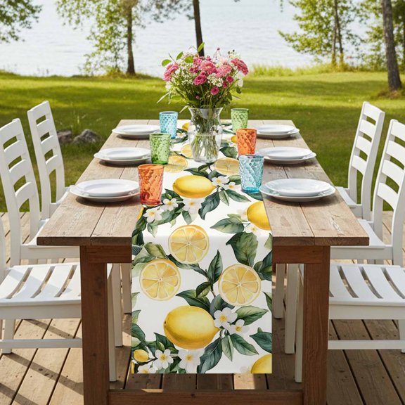 Table Runner,Farm Lemon Flowers Green Leaf Kitchen Dining Table Runners Tabletop Decorations Fruit Harvest Tablerunner Dresser Scarves for Home Party Wedding Birthday Decor,13x70in