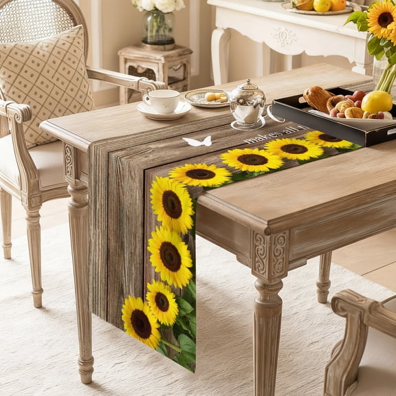 Table Runner Farm Sunflower Positive Energy Quote Dresser Scarves 13x36 Inch,Linen Table Runners Retro Dark Brown Wood Grain Tablerunner for Home Dining Indoor Outdoor Wedding Party Tabletop Decor