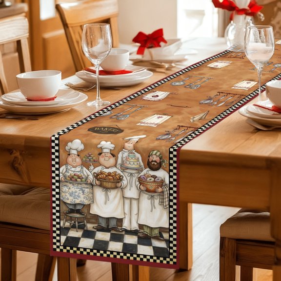 Table Runner Farmhouse Cartoon Chef Dresser Scarves 13x36 Inch,Linen Table Runners Cooking Theme Black White Checkered Tablerunner for Home Dining Indoor Outdoor Wedding Party Tabletop Decor