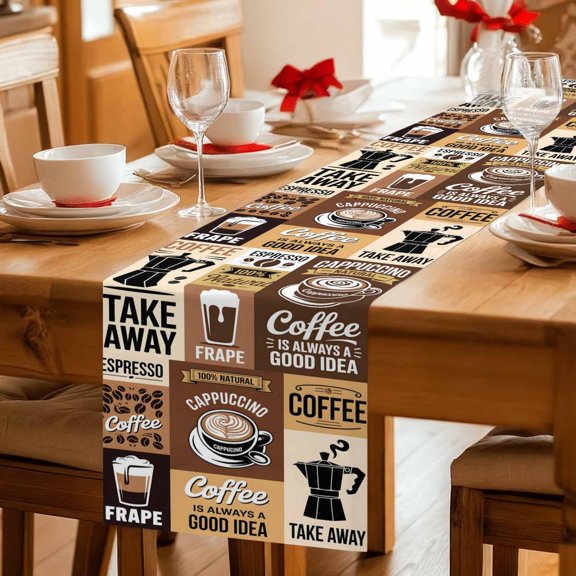 Table Runner Farmhouse Coffee Beans Cup Dresser Scarves 13x36 Inch,Linen Table Runners Modern Brown Plaid Tablerunner for Home Dining Indoor Outdoor Wedding Party Tabletop Decor