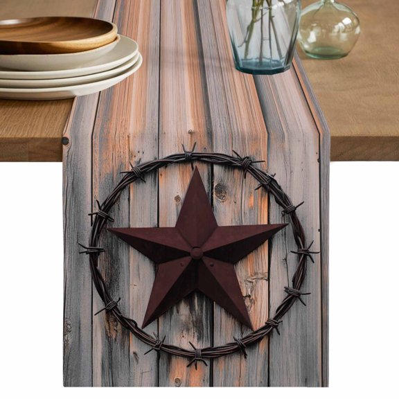 Table Runner Farmhouse Country Star Soft Linen Style Table Runner Cloth Retro Wood Grain Dining Table Decor for Kitchen, Dining Room, Parties, Holiday & Everyday Use 13x36 Inch