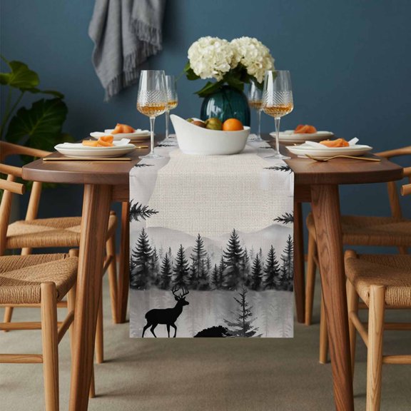 Table Runner Farmhouse Deer Sihouette Dresser Scarves 13x36 Inch,Linen Table Runners Forest Tree Mountain on Linen Tablerunner for Home Dining Indoor Outdoor Wedding Party Tabletop Decor