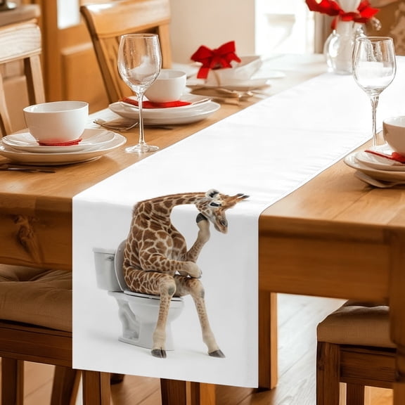 Table Runner Farmhouse Giraffe on Toilet Dresser Scarves 13x36 Inch,Linen Table Runners Abstract Funny Animal Tablerunner for Home Dining Indoor Outdoor Wedding Party Tabletop Decor