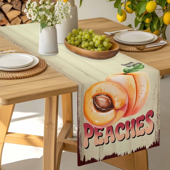 Table Runner Farmhouse Peaches Vintage Style Dresser Scarves 13x36 Inch,Linen Table Runners Country Fruit Wood Texture Tablerunner for Home Dining Indoor Outdoor Wedding Party Tabletop Decor