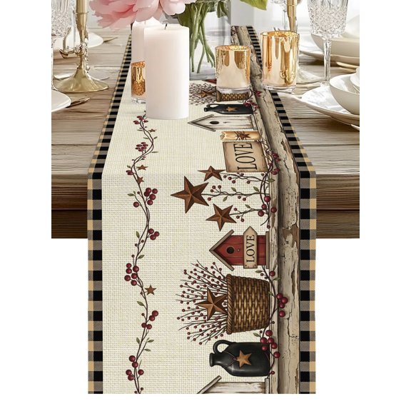 Table Runner Farmhouse Red Star Candle Table Runners Berry Vines Beige Plaid Linen Cotton Linen Dresser Scarf Kitchen Dining Table Decor for Holiday Party Home Decor 13x36 Inch