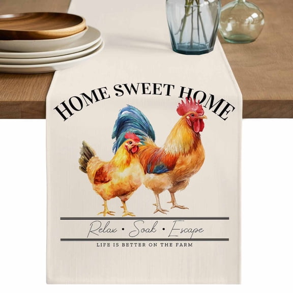 Table Runner Farmhouse Rooster Chicken Soft Linen Style Table Runner Cloth Watercolor Retro Style Dining Table Decor for Kitchen, Dining Room, Parties, Holiday & Everyday Use 13x72 Inch