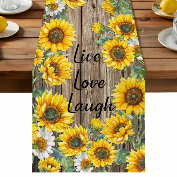 Table Runner Farmhouse Sunflower Decorative Table Runner for Kitchen Live Love Lough Inspirational Quotes Dinning Runner for Party Wedding Holiday Indoor Outdoor 13x72inch