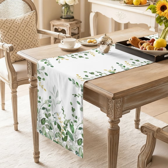 Table Runner Farmhouses Green Grass Eucalyptus Leaves Dresser Scarves 13x36 Inch,Linen Table Runners Spring Plant Tablerunner for Home Dining Indoor Outdoor Wedding Party Tabletop Decor