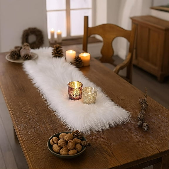 Table Runner, Faux Fur Dresser Table Decor Runner for Home Christmas Farmhouse Dining Coffee Table Decoration(11.8x35.4 inch)