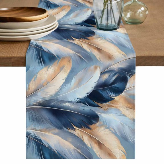 Table Runner Feathers Abstract Art Soft Linen Style Table Runner Cloth Blue Gold White Dining Table Decor for Kitchen, Dining Room, Parties, Holiday & Everyday Use 13x36 Inch
