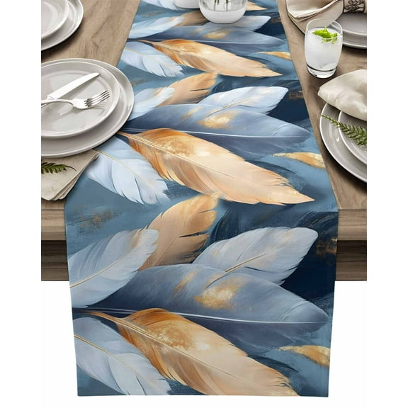 Table Runner Feathers Modern Art Table Decoration for Kitchen Dinning Gold White Blue Table Decoration for Indoor Outdoor Party Wedding Decor 13x90inch