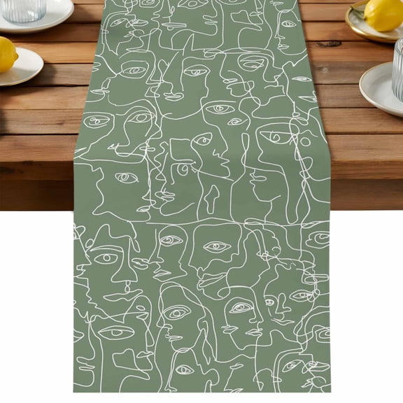 Table Runner Feminine Face Sketch Table Runners Sage Green Shape Lines Cotton Linen Dresser Scarf Kitchen Dining Table Decor for Holiday Party Decor 13x36 Inch
