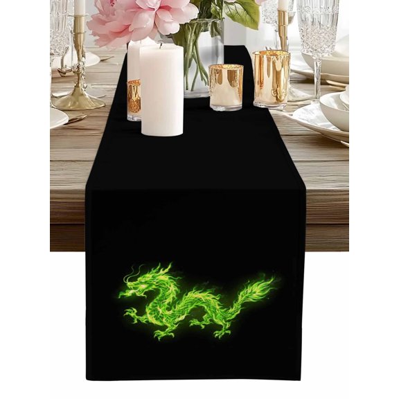 Table Runner Flames Dragon Table Runners Green Modern Art Cotton Linen Dresser Scarf Kitchen Dining Table Decor for Home Dinner Party Decor 13x36 Inch