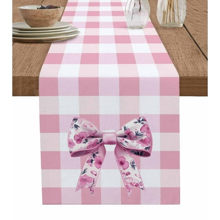 Table Runner Flower Bow Table Decoration for Kitchen Dinning Pink Check Table Decoration for Indoor Outdoor Party Wedding Decor 13x90 Inch