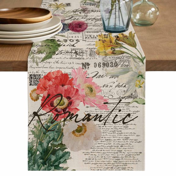 Table Runner Flower Floral Soft Linen Style Table Runner Cloth Retro Postmark Dining Table Decor for Kitchen, Dining Room, Parties, Holiday & Everyday Use 13x36 Inch