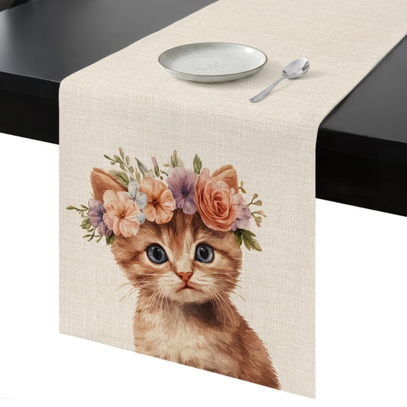 Table Runner Flower Wreath Cat Decorative Dining Table Runner Welcome Spring Kitchen Table Decoration for Home, Holiday and Party Use 13x36 Inch
