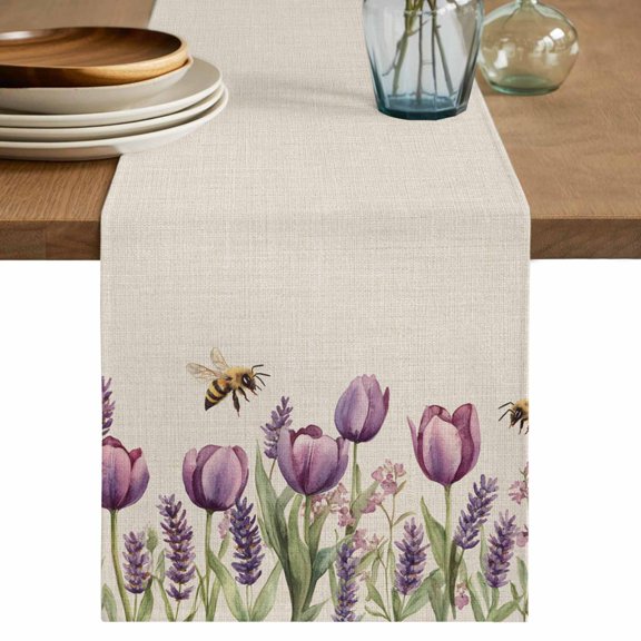 Table Runner Flying Bee Soft Linen Style Table Runner Cloth Purple Flower Dining Table Decor for Kitchen, Dining Room, Parties, Holiday & Everyday Use 13x108 Inch