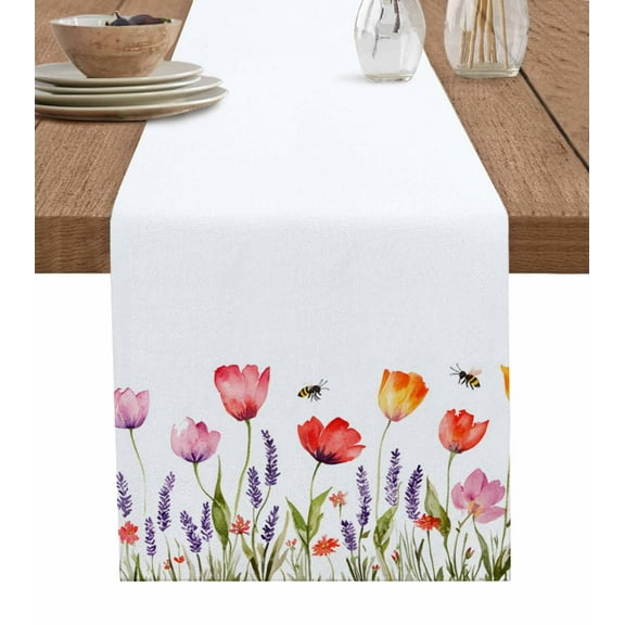 Table Runner Flying Bee Table Decoration for Kitchen Dinning Watercolor Flowers Table Decoration for Indoor Outdoor Party Wedding Decor 13x72 Inch