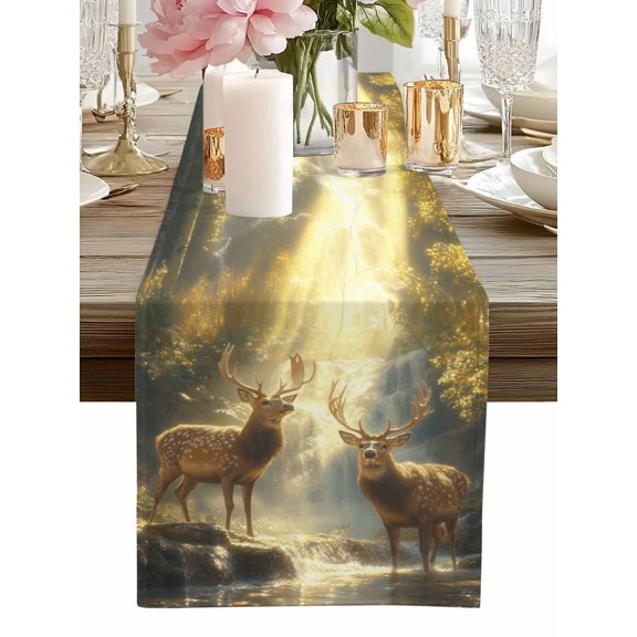 Table Runner Forest Deer Table Runners Fantasy Yellow Sunlight Cotton Linen Dresser Scarf Kitchen Dining Table Decor for Home Dinner Party Decor 13x36 Inch