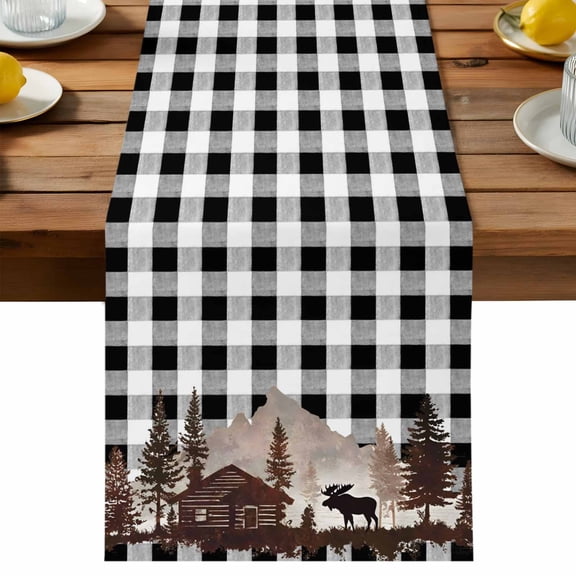 Table Runner Forest Moose Table Runners Cabin Animal Pine Tree Woodland Plaid Cotton Linen Dresser Scarf Kitchen Dining Table Decor for Holiday Party Decor 13x36 Inch