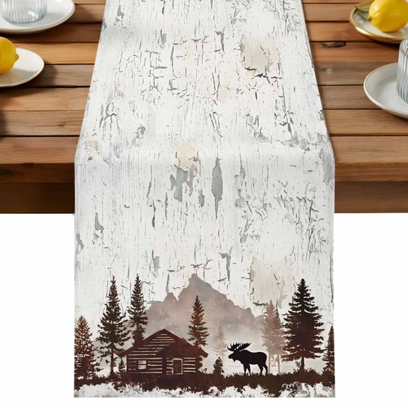 Table Runner Forest Moose Table Runners Log Cabin Animal Pine Tree Woodland Cotton Linen Dresser Scarf Kitchen Dining Table Decor for Holiday Party Decor 13x36 Inch