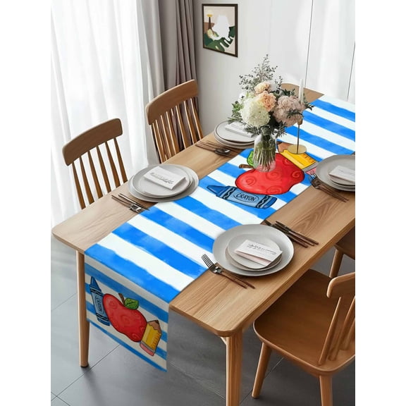 Table Runner Fruit Apples Pencils Crayons Dresser Scarves 13x72 Inch,Linen Table Runners Blue Striped Tablerunner for Home Dining Indoor Outdoor Wedding Party Tabletop Decor